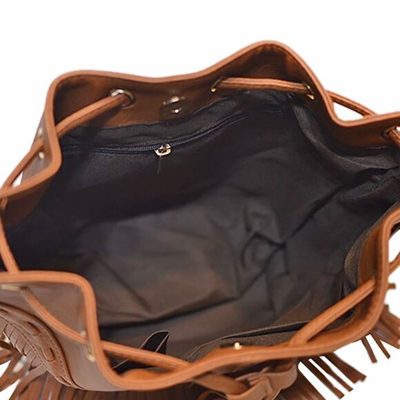 Urban Lux by TruCulture-Kate Tan Vegan Leather Bucket Bag with Fringe - Picture 5 of 5